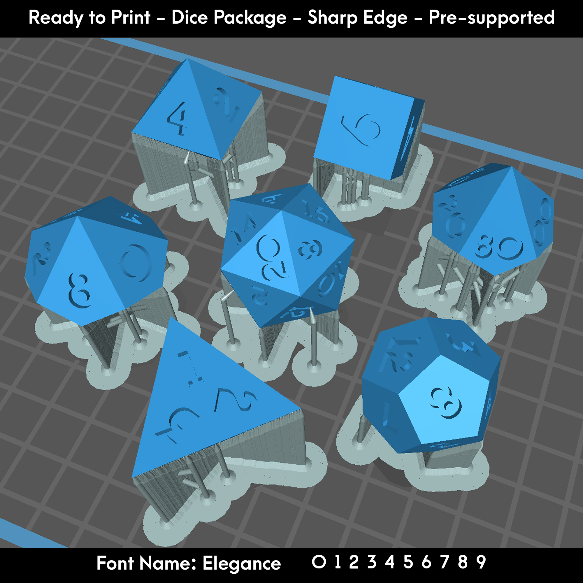 Dice Masters 7 Piece Set Presupported STL Files for 3D Printing Elegance Font
